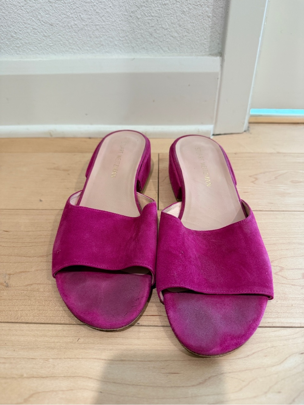 Stuart Weitzman Suede Slide Sandals in Fuchsia - Women's Open Toe Mule